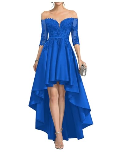 High Low Prom Dress with Sleeves Satin Off Shoulder Cocktail Dress A Line Formal Evening Gown PM233