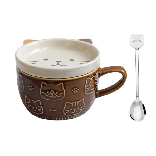 Katzentasse, Süße Keramik, 300ml Keramik Katze Kaffeetassen Teetassen mit Deckel Löffel, Lustig Personalisiert Kaffeebecher Geschenk für...