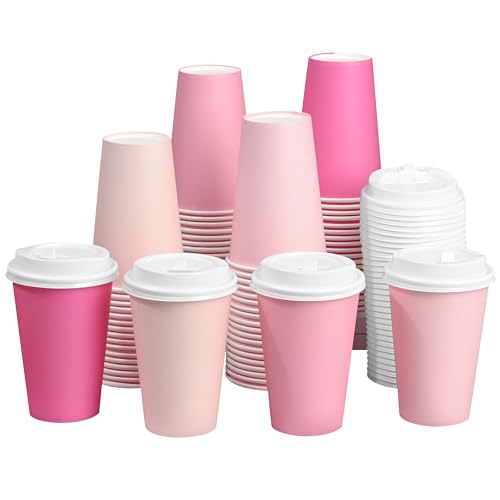 Purhapfre 40 Pcs 12 oz Pink Disposable Coffee Cups with Lids Hot Pink Light Pink Gradient Paper Cups for Hot and Cold Beverage Water Juice Coffee Tea Party Wedding Bride Shower Supplies