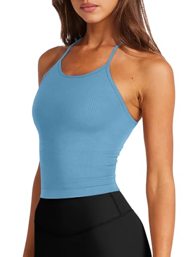 Image of LASLULU Womens Sports Bra Seamless Long Tank Spaghetti Strap Workout Bra