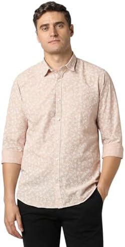 Peter England Men’s Slim Fit Full Sleeve Casual Shirt in Slub Cotton with All-Over Leafy Print