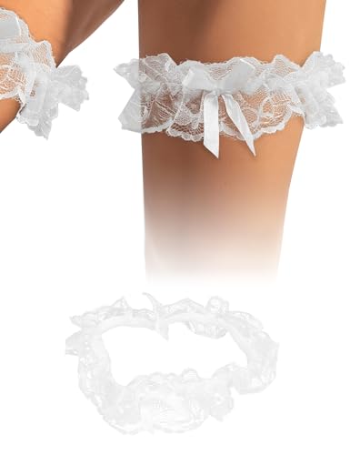 ohyeah Lace Wedding Garter for Bride 2 Piece White Bridal Garter Set Elastic Leg Garters for Thigh with Bow Party Prom Birthday