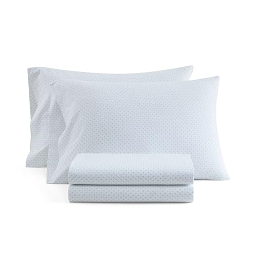 Image of Martha Stewart - Full Size Sheets Set, Crisp & Tailored Cooling Sheets with a Naturally Smooth Cotton Percale Lightweight Feel - Bed Sheets with Matching Pillowcases & Fitted Sheet (Polka Dot Blue)