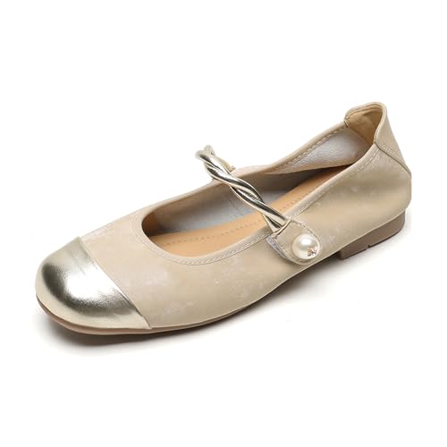 Women's Round Toe Flat Mary Jane Ballet Shoes Fashion Leather Splicing Pearl Buckle Strap Flats Comfortable Slip On Shallow Mouth Business Office Work Casual Walking Dress Shoes