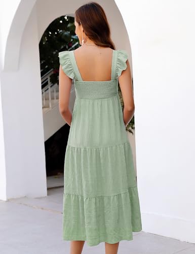 Image of KOJOOIN Womens Maternity Dress Summer Sleeveless Smocked Square Neck Ruffle Casual Boho Midi Dress Baby Shower Photoshoot
