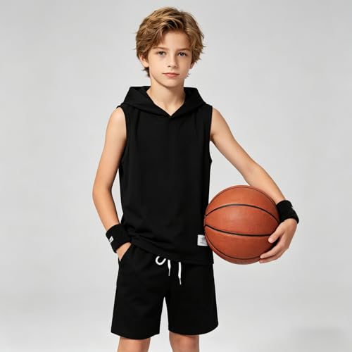 Image of Size 6-12 Years Boys Summer Clothes Hooded Sleeveless Tank Tops Workout Shorts 2 Piece Set Fashion Outfits