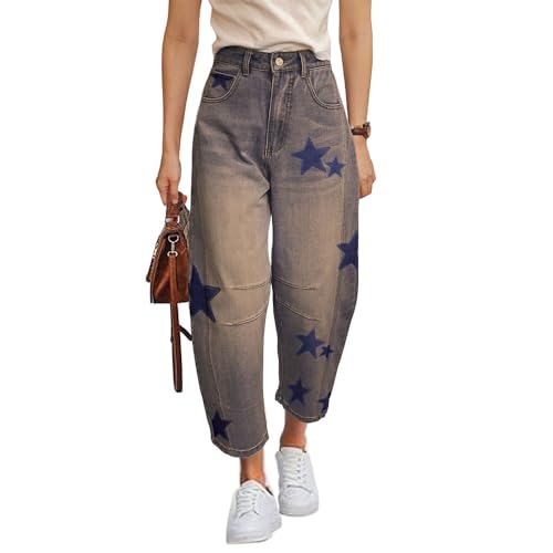 Barrel Jeans for Women Baggy Star Printed Horseshoe Jeans Mid Rise Wide Leg Cropped Ankle Denim Pants