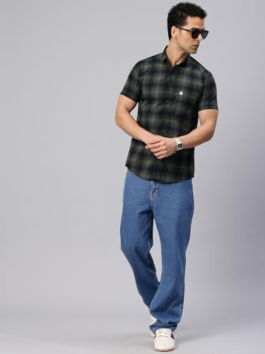 Image of Majestic Man Men Comfort Slim Fit Checked Pure Cotton Half Sleeve Casual Shirt