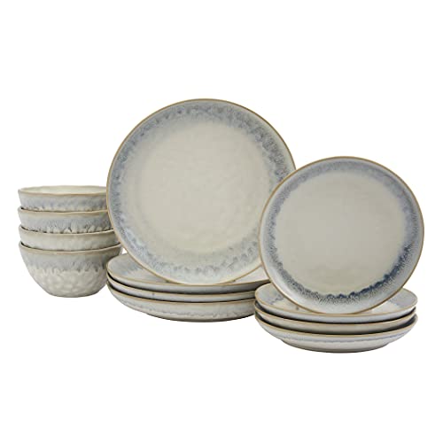 Tabletops Gallery Industrial Farmhouse Dinnerware- Stoneware Dishes Service For 4 Dinner Salad Appetizer Dessert Plate Bowls, 12 Piece Arlington Dinnerware Set With Reactive Glaze #TOP2