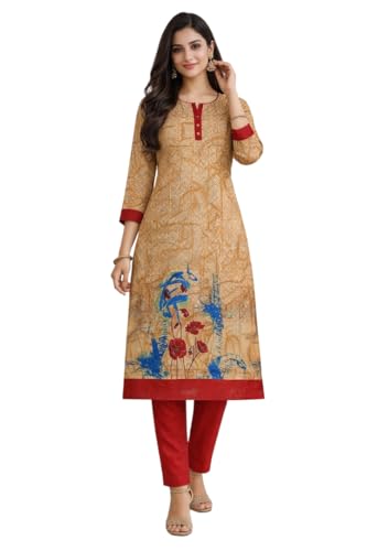 Image of Women's Cotton Blend Unstitched Kurti Set for Women | A-Line Style Dress Material | 2-Piece Traditional Ethnic Wear Suit Fabric