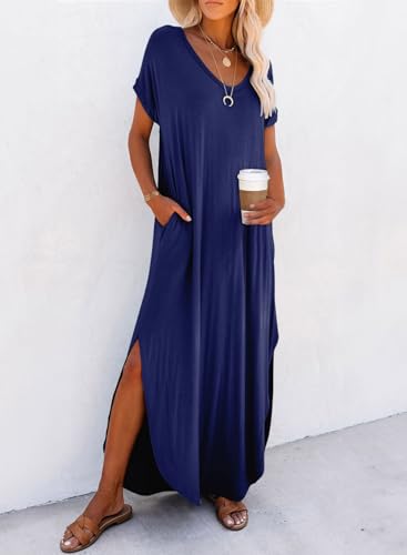 Image of Dokotoo Womens Casual Maxi Dresses Summer Dresses Coverups for Women Long T Shirt Dress Short Sleeve V Neck Sundress Plus Size Navy Blue Dress L