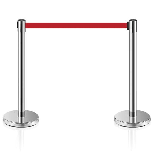 MICHELANGELO Kit 2 Pedestais Premium Organizador Separador de Fila Cromado com Fita Retrátil Vermelh