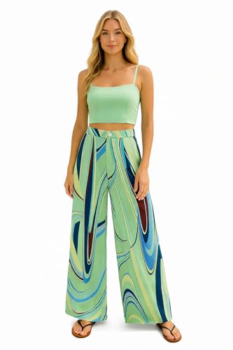 Divamo Mint Green Abstract Print Wide-Leg Pants for Women – High-Waist Flowy Statement Trousers (US, Alpha, Medium, Regular, Regular, Standard, Mint Green)