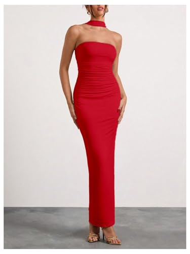 Image of Milumia Women's Halter Neck Ruched Strapless Sleeveless Tube Bodycon Maxi Dresses