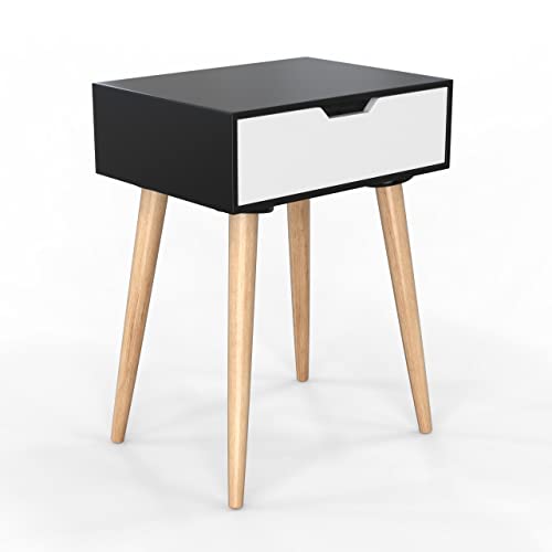 Image of Brown Art SHOPPEE Black & White Art Deco Medium Wooden End Side Table with Drawer, Bedside Table