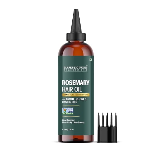 Majestic Pure 100% Pure Rosemary Oil for Hair Growth – Strengthening, Nourishing, Volumizing – Infused with Biotin Oil, Jojoba Oil & Castor Oil – Non GMO Verified – 4 Fl Oz – With Applicator