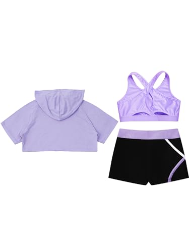 Kids Girls Sport Outfits Short Sleeve Hooded With Crop Tank Top And Short Set Pieces Workout Outfits3