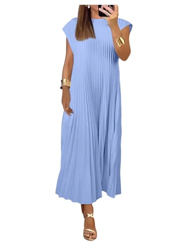Image of GORGLITTER Women's Pleated Flowy Chiffon Church Dresses Elegant Summer Short Sleeve Wedding Guest Maxi Dress Outfits