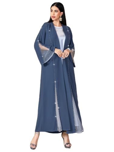 Ami.Todfo Elegant Beaded Abaya Robe Open Front Long Sleeve Maxi Outerwear Modest Cover-Up with Crystal Trim Blue (XXL)