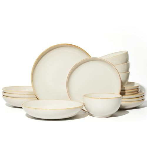 Image of Pokini 16 Piece Double Bowl Dinnerware Sets with Pasta Bowls, Highly Chip and Crack Resistant Plates and Bowls Sets, Natural Earthyware Ceramic Dishware Sets, Service for 4 Yellow White