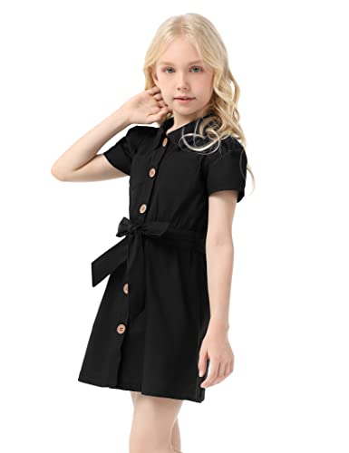 Huanye Girl's Short Sleeve Button Down Shirt Summer Polo School Uniform Dress, Black, 5-6 Years #TOP17