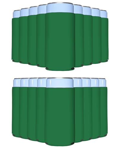 Image of PartyPrints 25 Pack Kelly Green Blank Slim Can Cooler Sleeves | Plain Seltzer Customizable Bulk Coolers for Beer Bottles & 12oz Tall Cans | Skinny Collapsible Drink Insulated Sleeve
