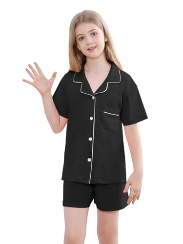 QZH.DUAO 100% Cotton Girls' Pajamas Set, Button Down Short Sleeve Shorts, A Black, 9-10 Years2
