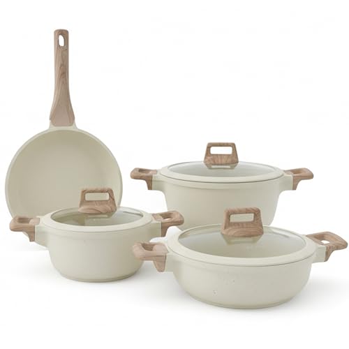 Top Chef Cookware Set Aluminum Pots And Pans Non-Stick Surface Wood Finish Handles (Beige 7 Pieces)