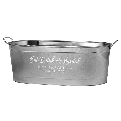 Let's Make Memories Personalized Beverage Tub - For Weddings, Newlyweds - Galvanized Metal Tub - Drink Cooler - 5.5 Gallons - Customized for Bride & Groom - Eat, Drink & Be Married
