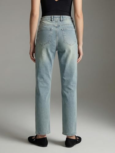 Image of Urbano Fashion Women's High Rise Straight Fit Washed Jeans Non-Stretchable