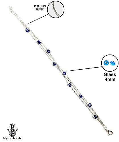 MYSTIC JEWELS by Dalia - 7,5 inches Silver Evil Eye Bracelet on Triple Chain with Small Eyes - Good Luck Bracelet4
