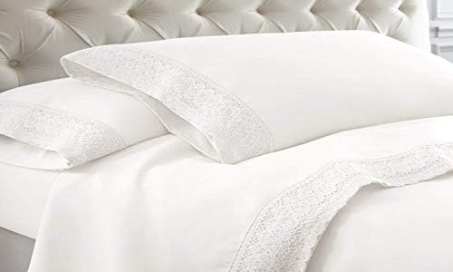 1000 Thread Count White, Queen Size - 100% Egyptian Cotton Crochet LACE Bed Sheet Set