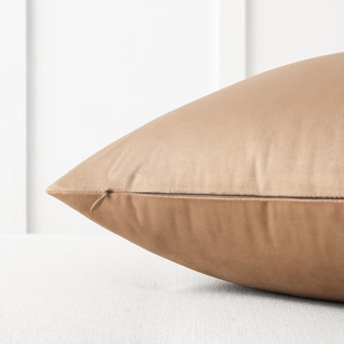 Image of Mixhug Decorative Throw Pillow Covers, Velvet Cushion Covers, Solid Throw Pillow Cases for Couch and Bed, Tan, 26 x 26 Inches, Set of 2