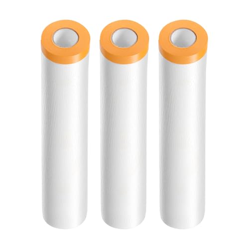 Image of HARFINGTON 3 Rolls Pre-Taped Masking Film 94.5 inch x65.6ft Tape and Drape Painters Plastic Drop Cloth Film with Tape Plastic Sheeting for Automotive Painting Covering