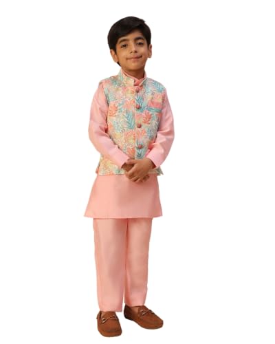 Image of Pro-Ethic Style Developer Kids Kurta Set For Boys With Waist Coat, Ethnic Wear for Diwali, Eid, Raksha Bandhan, Jacquard, Floral Print (Pack of 1)