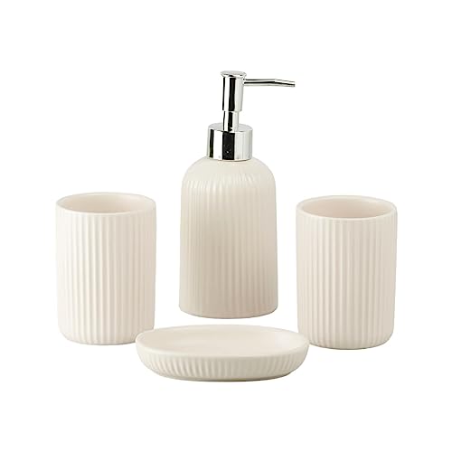 Image of SaSaSa Ceramic Bathroom Accessories Set of 4 Modern Bath Set with Soap Dispenser & Toothbrush Holder, Luxury Home & Gift Idea, Beige (9631)