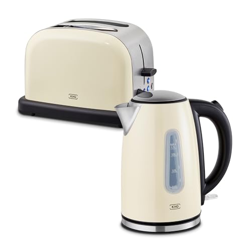 KHG Frühstücksset 2-teilig Wasserkocher & Toaster, Creme Beige Retro American Diner Stil, Kapazität 1,7 Liter & 2 Toastscheiben, 360° Sockel, Kalkfilter, 6 Röstgradstufen, Auftau- &...