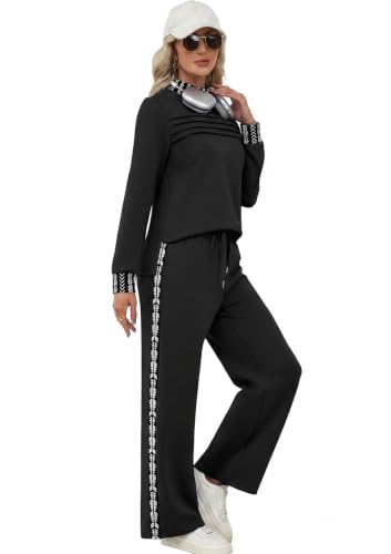 Image of WIHOLL Two Piece Sets for Women Fall Travel Vacation Outfits 2026 Long Sleeve Lounge Sets Side Slit Wide Leg Pants XS-3XL