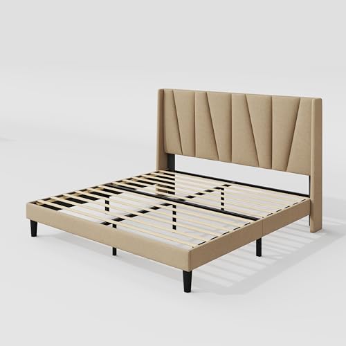 Allewie King Size Upholstered Platform Bed Frame Bedroom Furniture/Geometric Wingback Headboard/Mattress Foundation/Wood Slat Support/No Box Spring Needed/Easy Assembly, Light Beige