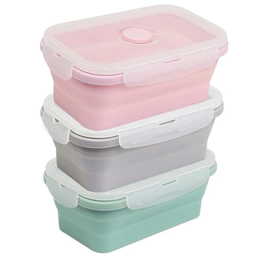 MEETOZ Collapsible Food Storage Containers,with Airtight Lid, 17 oz, Kitchen Stacking Silicone Meal Prep Container Set for Freezer Microwave Dishwasher Safe 3 Pack