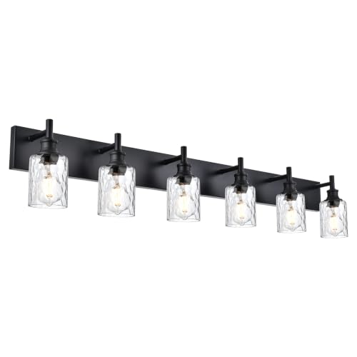 Image of 6 Light Bathroom Vanity Lights, Black Finish, Hammered Glass Shade | Modern Bathroom Wall Sconce Above Mirror, Dimmable Bath Wall Lighting Fixtures, E26 Socket, for Bedroom, Living Room, Kitchen