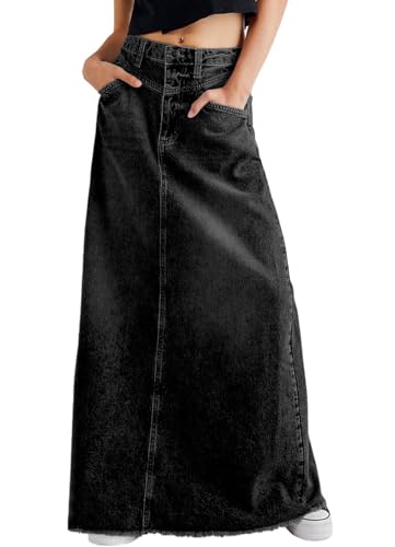 chouyatou Women's Vintage A-Line Frayed Maxi Denim Skirt Distressed High Waist Long Jean Skirt