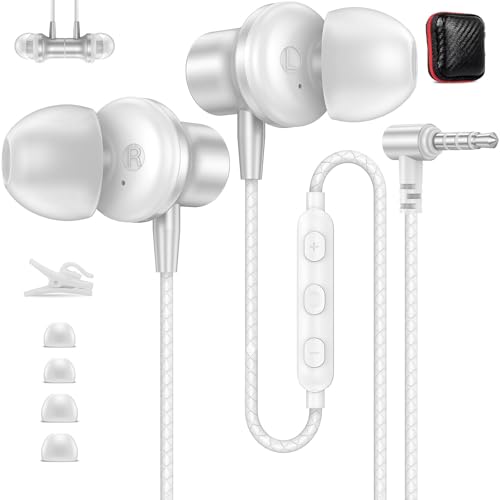3.5mm Headphones 5.9ft Long Cord Wired Earbuds with Microphone Noise Isolating Earphone Stereo Clear Call Volume Plug in 3.5mm Jack Wired Ear Buds for Office School Laptop Chromebook PC Travel, Silver