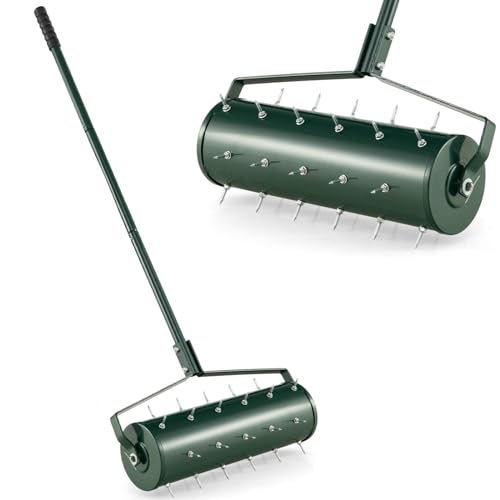 COSTWAY Garden Rolling Lawn Aerator, 45cm/53cm Manual Grass Spikes Roller with 130cm Detachable Handle, Heavy Duty Steel Rotary Push Pull Tine Garden Lawn Tool (53cm x 130cm(L x H))