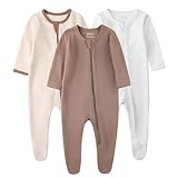 Owlivia Organic Cotton Baby Pajamas, Boys Girls 3-Pack Zip Front Sleep 'N Play, Footed Sleeper, Long Sleeve(12-18 Months, Brown&Beige&Ivory White)