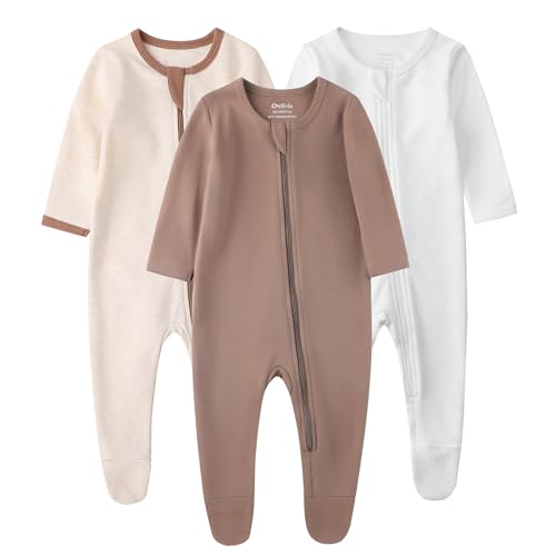 Owlivia Organic Cotton Baby Pajamas, Boys Girls 3-Pack Zip Front Sleep 'N Play, Footed Sleeper, Long Sleeve(12-18 Months, Brown&Beige&Ivory White)