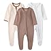 Owlivia Organic Cotton Baby Pajamas, Boys Girls 3-Pack Zip Front Sleep 'N Play, Footed Sleeper, Long Sleeve(12-18 Months, Brown&Beige&Ivory White)