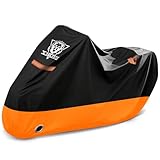 XYZCTEM オートバイカバー – オールシーズン防水屋外保護 – 最大108インチのツアーバイク、チョッパー、クルーザーに精密フィット – ほこり、破片、雨、天候から保護(XL、ブラック&オレンジ)