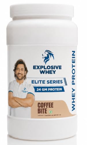 Image of Explosive Whey Elite Series Whey Protein - Trusted by M.S. Dhoni | 24g Protein per Scoop | Premium Concentrate Sport Supplement for Enhanced Muscle Growth and Recovery | Coffee Bite - 1kg (30 Servings), Trustified Certified
