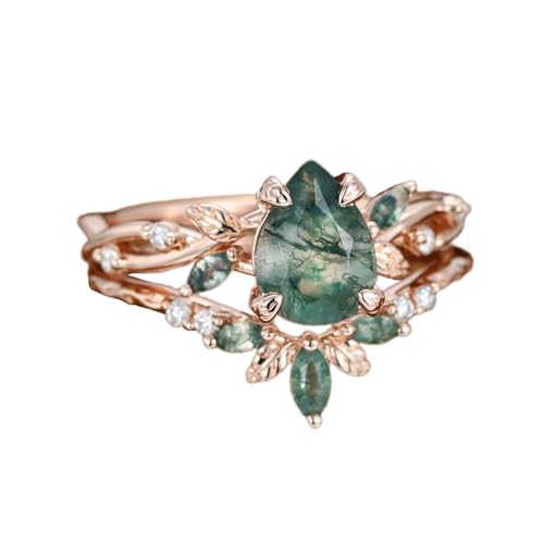 Natural Moss Agate Ring Set Unique Leafy Moss Agate and Moissanite Engagement Rings for Women S925 10K/14K/18K Gold Nature Inspired Wedding Bridal Set Free Engraving3